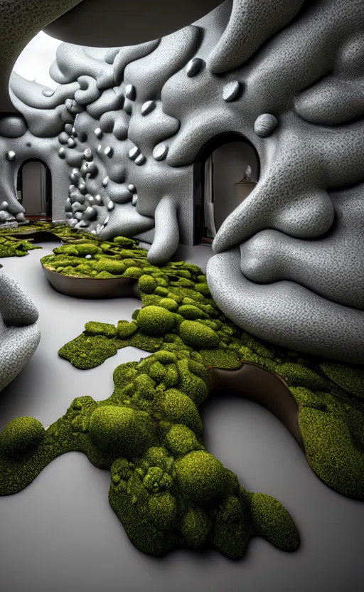 Image similar to highly detailed ultra sharp 3 d render villa interior cinematic composition of a smooth ceramic porcelain biomorphic magnolia stone nebula fluid fractal sci - fi surreal architecture landscape, granite, metallic, magnesium, marble, moss and lichen, vincent callebaut composition, mamou - mani, archviz, beautiful lighting, 8 k, unreal engine, hdr,