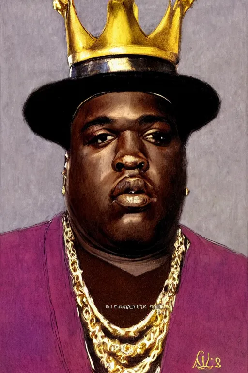 Prompt: portrait of rapper biggie smalls with kings crown and royal outfit, european, modern art, eclectic art, gold and colorful, illustration, by ramon casas