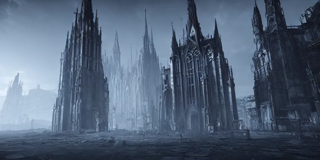 Image similar to grimdark tsutomu nihei aposimz gothic cathedral city, unreal engine, 8 k, ultra realistic, ultra detail