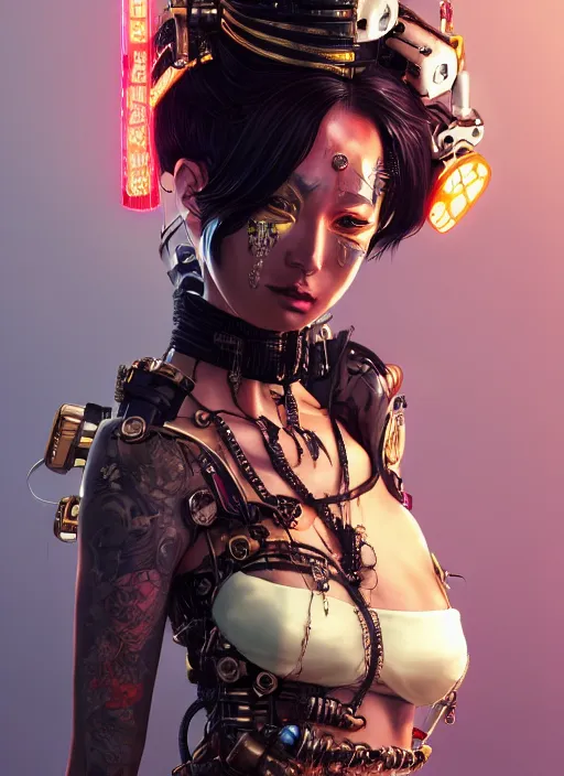 Image similar to soft lustrous ebony geisha seductive raver gutter punk steampunk cyborg, yakuza, golden ratio, details, scifi, fantasy, cyberpunk city, intricate, decadent, highly detailed, octane render, digital painting, artstation, concept art, sharp focus, illustration, art by artgerm, loish, wlop