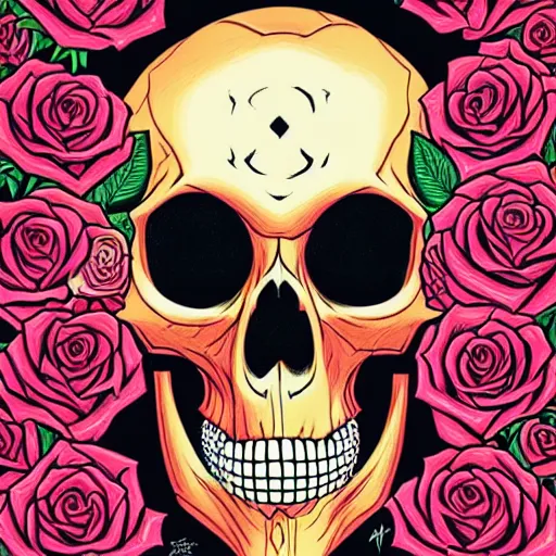 Prompt: ortographic view of a large skull and vivid roses by Jen Bartel and Dan Mumford and Satoshi Kon, gouache illustration