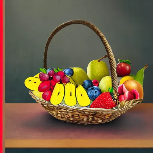 Prompt: a fruit basket on top of a kitchen table, collage