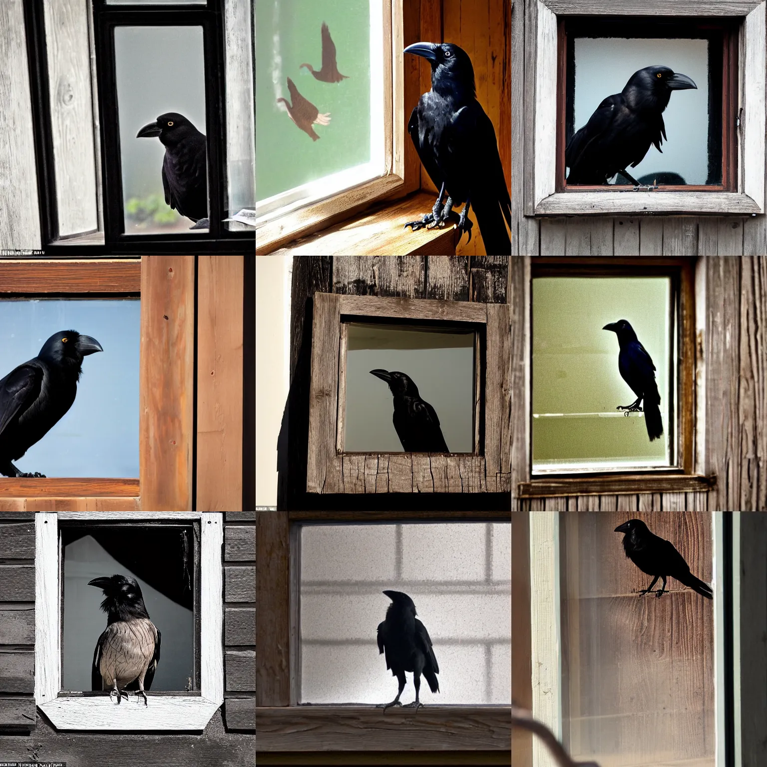 Prompt: a crow with a large pirate hat on its head, peering out concerned down to camera from a small dusty glass window in a wooden wall, 2 0 1 2