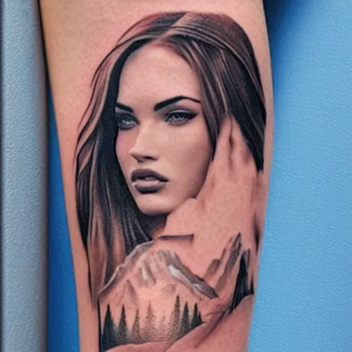 Image similar to tattoo design sketch with double exposure effect, megan fox face and beautiful mountain scenery, in the style of matteo pasqualin, amazing detail