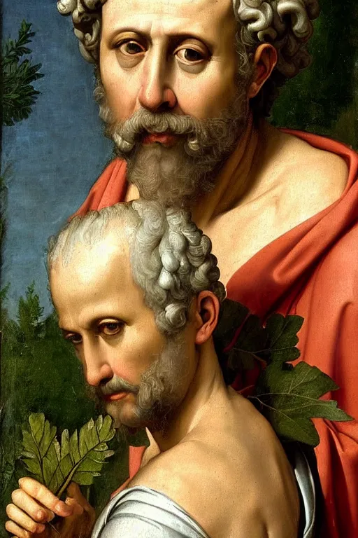 Image similar to renaissance painting of elder in the garden, closeup, short silver hair, a wise face, emotions closeup, dressed in roman armour, the beautiful garden with oak leaves everywhere, ultra detailed, art by Guido Reni style, Vincenzo Catena style