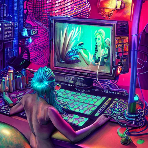 Prompt: cyberpunk mermaid working on cyberpunk computer in cyberpunk farmers market by william barlowe and pascal blanche and tom bagshaw and elsa beskow and enki bilal and franklin booth, neon rainbow vivid colors smooth, liquid, curves, very fine high detail 3 5 mm lens photo 8 k resolution