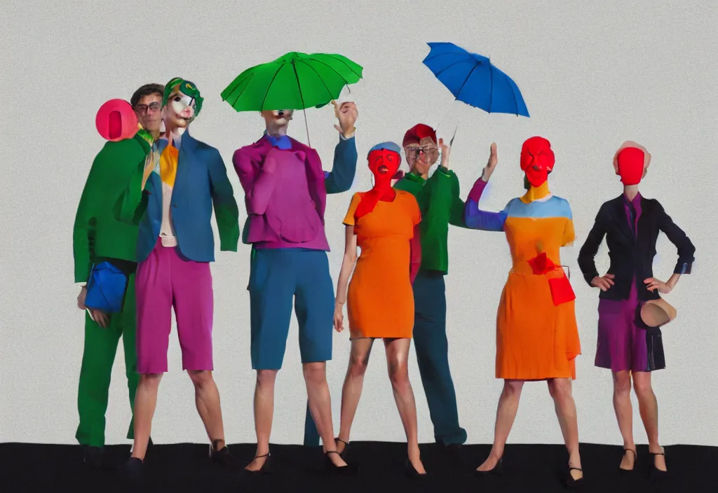 Image similar to full body portrait of a trio of european tourists with nikon cameras, various poses shooting photos, character designs painting, in the style of wes anderson, rene magritte, lola dupre, david hockney, isolated on white background, dark monochrome neon spraypaint accents volumetric octane render