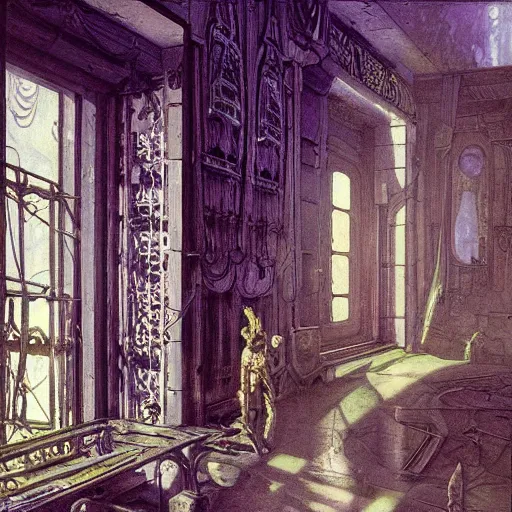Prompt: painting of hr giger artlilery scifi balcony with ornate metal work lands on a farm, fossil ornaments, volumetric lights, purple sun, andreas achenbach