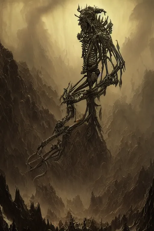 Prompt: evil gigantic demon skeleton lord of death, fantasy painting, ultra realistic, wide angle, art nouveau, intricate details, rainbowshift, vivid colors, highly detailed by peter mohrbacher, h. r. giger, maxfield parrish, gaston bussiere, gustave dore, craig mullins, octane render, cgi