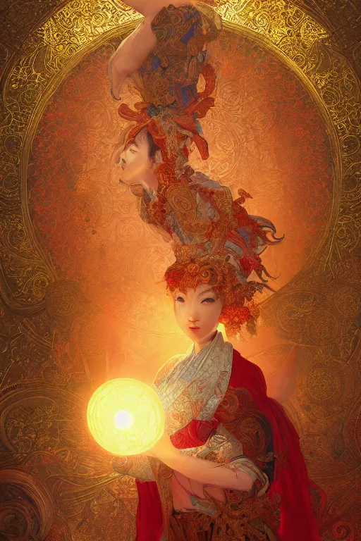 Image similar to tarot card artstation, portrait of a japanese love dancer, sunrise, baroque ornament and rococo ornament, ancient chinese ornate, hyperdetailed, beautiful lighting, craig mullins, mucha, klimt, yoshitaka amano, red and gold and orange color palette