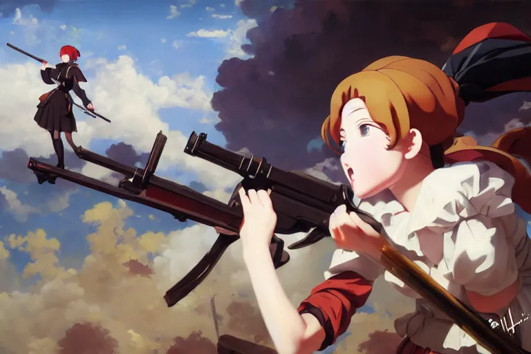 Prompt: baroque oil painting of anime key visual concept art of anime maid committing war crimes with rifle 1 9 4 0 during occupation of france colorized, trending on artstation, brush strokes, oil on canvas, style of makoto shinkai and greg rutkowski and studio ghibli