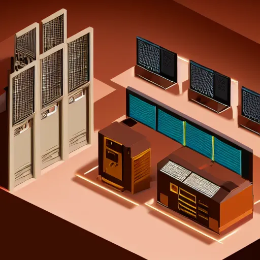 Prompt: isometric diorama box of a computer server bank room, gold, art deco, rust, worn, room full of computers