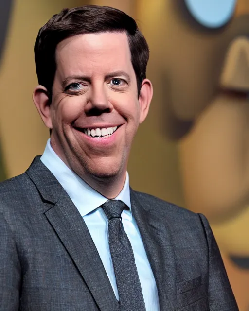 Image similar to ed helms with a suit as a muppet. highly detailed felt. hyper real photo. 4 k.