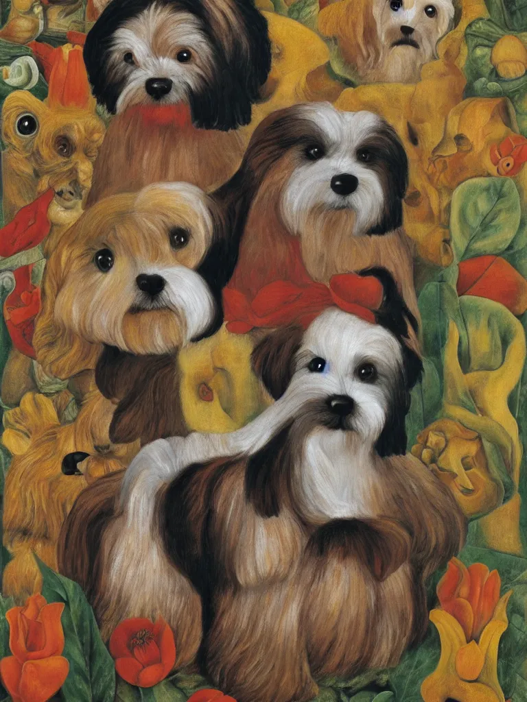 Image similar to portrait of a cream colored havanese dog as with a unibrow, surreal background, by frida kahlo