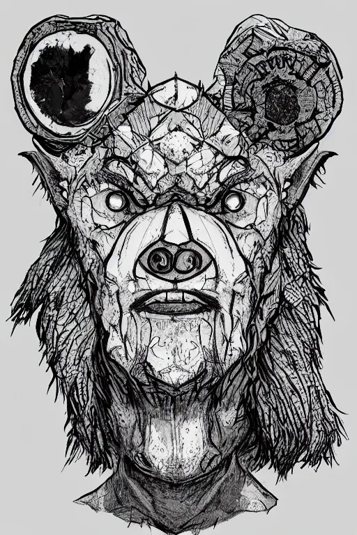 Image similar to portrait of hexagon shaped gnoll head and shoulders with single centered giant bloodshot eye, in the style of Greg Broadmore and Arthur Rackham,trending on artstation, light lighting side view,digital art,surrealism ,macro,blueprint ,vaporwave ,