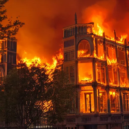 Prompt: fancy buildings with light, surrounded by fire.