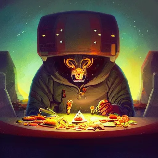 Prompt: interloper consuming food, no man's sky style, colorful, fantasy, intricate, highly detailed, digital painting, hq, trending on artstation, illustration, style of stanley artgerm and greg rutkowski and dan mumford