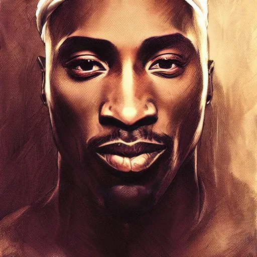 Prompt: tupac shakur, dim light, front game card, marvel comics, dark, intricate, highly detailed, smooth, artstation, digital illustration by ruan jia and mandy jurgens and artgerm and wayne barlowe and greg rutkowski and zdislaw beksinski