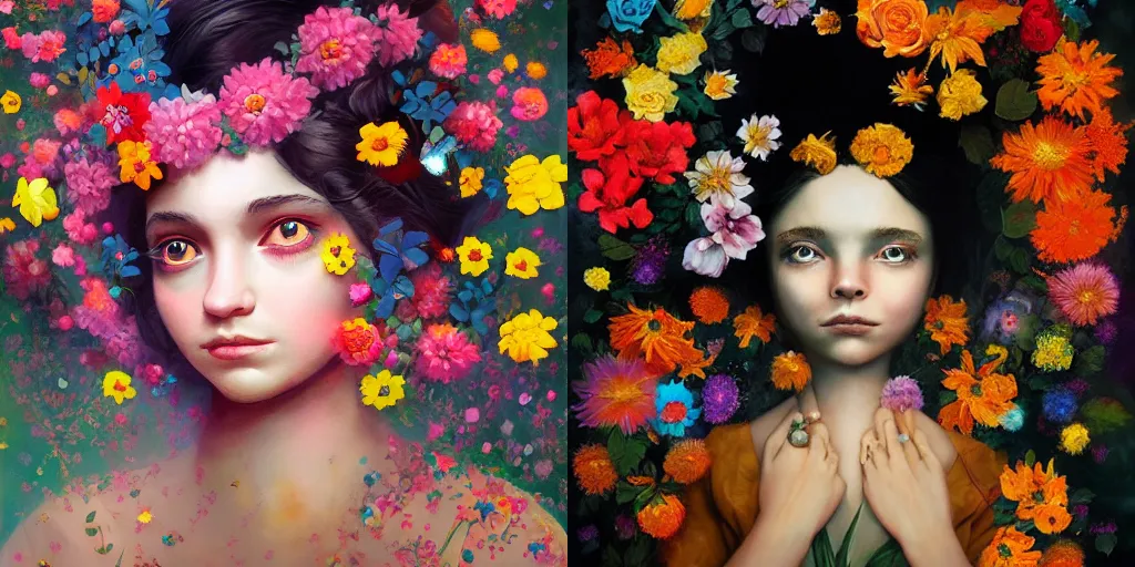 Prompt: The girl made out of flowers, black background, fantasy portrait by Esao Andrews and Lisa Frank, existential delight concept art, 4k HD, trending on ArtStation