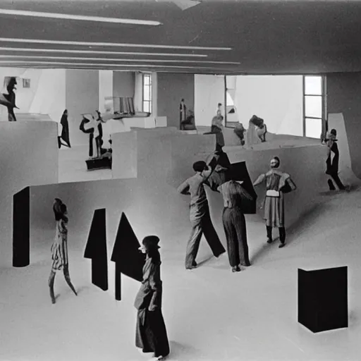 Prompt: old black and white photo, 1 9 3 3, depicting an interactive art installation at the bauhaus school, historical record
