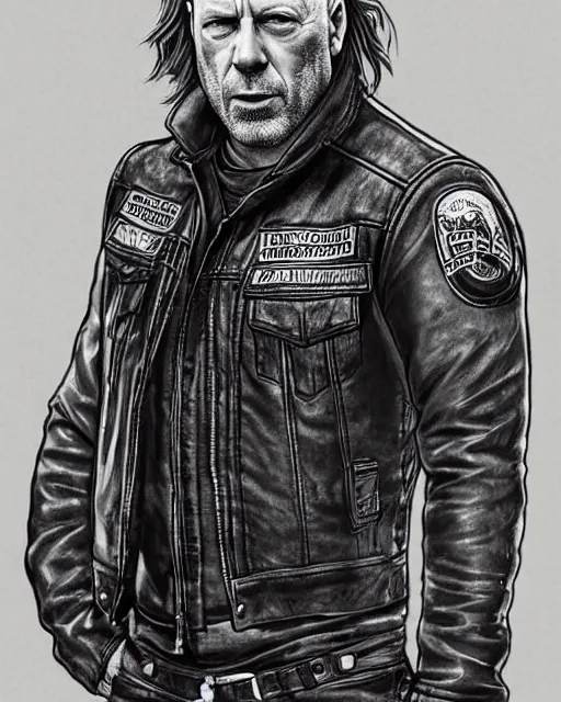 Prompt: Bruce Willis in sons of anarchy tv show, wearing samcrow leather jacket, D&D style , highly detailed, digital art, trending on artstation, smooth, sharp focus, illustration, art by artgem and ROBERT HYNES