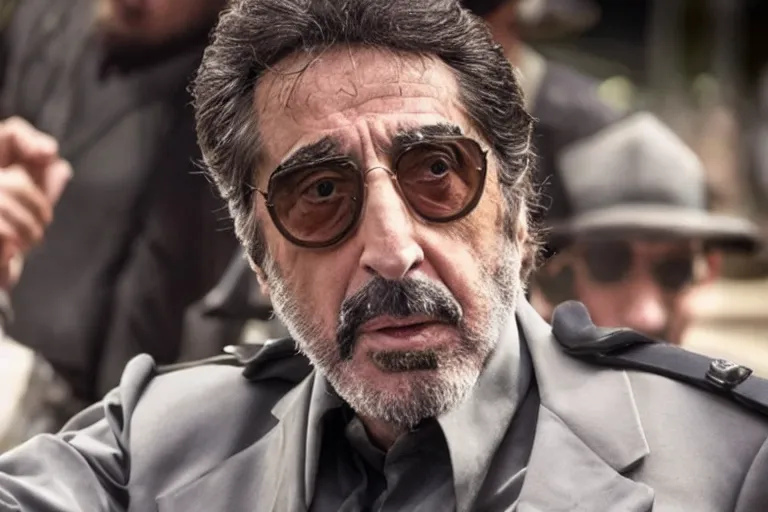 Image similar to Al Pacino as Saddam Hussein in 'SadDamn Hussling' (2023), movie still frame, promotional image, imax 70 mm footage, oscar nominated cinematography, volumetric lighting, 8k resolution