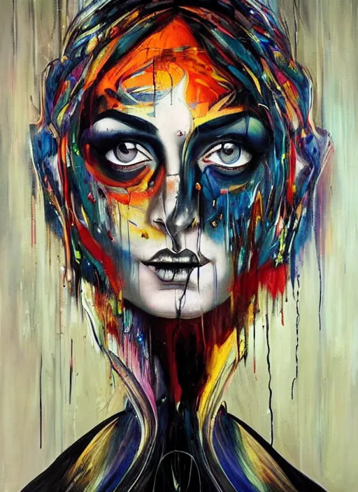 Prompt: enlightened magic cult psychic woman, painted face, third eye, energetic consciousness psychedelic, epic surrealism expressionism symbolism, story telling, iconic, dark robed, oil painting, symmetrical face, dark myth mythos, by sandra chevrier, joan mitchell monochromatic masterpiece