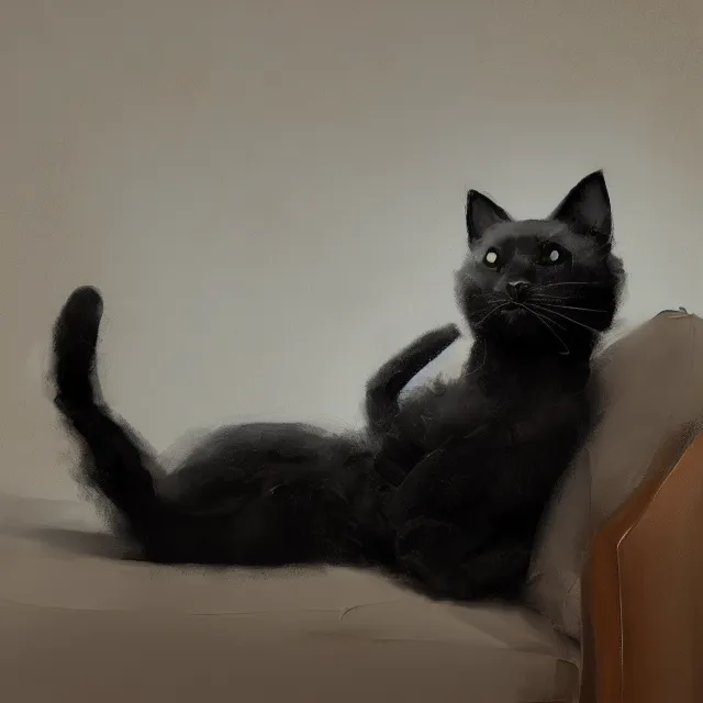 Prompt: a beautiful painting of a cute black cat on a couch. character design by cory loftis, fenghua zhong, ryohei hase, ismail inceoglu and ruan jia. artstation, volumetric light, detailed, rendered in octane