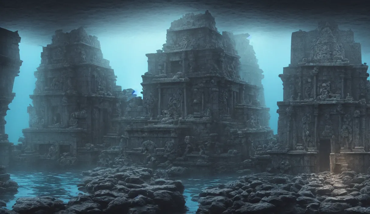 Image similar to low ultrawide shot, dark, underwater statues, submerged pre - incan temple with carvings, abyss, stylized, anime style mixed with fujifilm, detailed gouache paintings, crepuscular rays, dark, murky, foggy, atmospheric, artstation, cgsociety, unreal engine 5, octane render