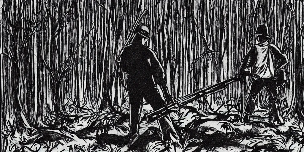 Prompt: illustration, 1 9 8 0 s, a man with a baseball hat and a rifle walking through a dark forest, apprehensive atmosphere, scary tension, post apocalyptic, 1 9 8 0 s stephen king style