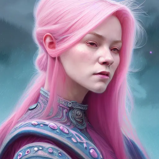 Image similar to pink haired mage medium portrait, female, glacier landscape, norway, d & d, fantasy, intricate, elegant, highly detailed, digital painting, pink and teal color palette, artstation, octane render, concept art, matte, sharp focus, illustration, herrarthstone, art by artgerm and greg rutkowski and alphonse mucha