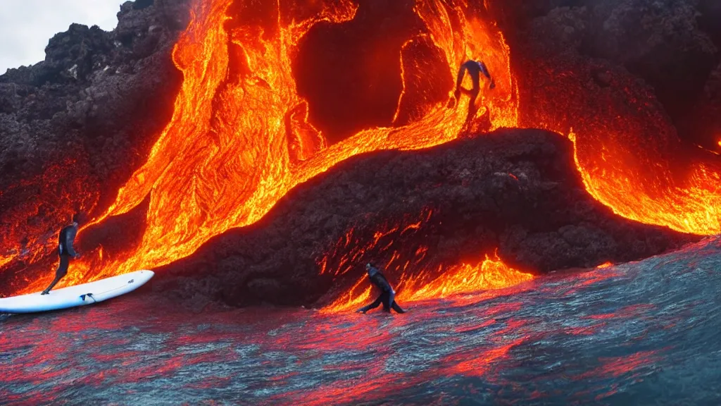 Image similar to medium shot of a person wearing a sponsored team jersey surfing down a river of lava on the side of a volcano on surfboard, action shot, dystopian, thick black smoke and fire, sharp focus, wide angle shot