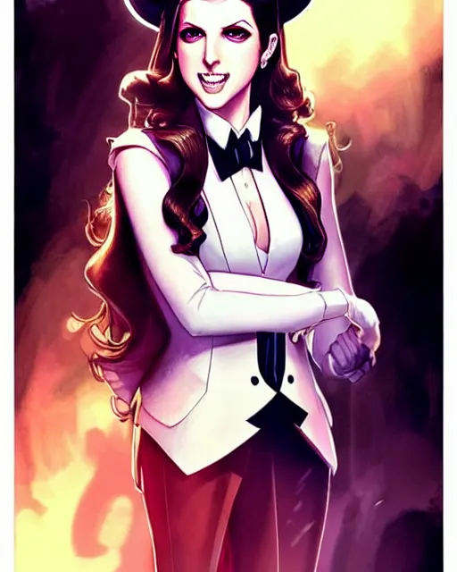 Prompt: beautiful Anna Kendrick Zatanna DC Comics floating on stage, wearing a top hat, symmetrical face symmetrical eyes, smiling, fantasy, intricate details, atmospheric, elegant, concept art, art by artgerm and eiichiro oda and koyoharu gotouge