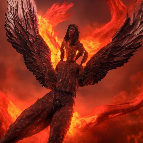 Image similar to cinematic full body shot of a beautiful stunning male angel flying over hell, that's a beautiful stunning male angel, hell is on fire with lava everywhere, elegant pose, flying, detailed arms, streamlined white armor, two arms, two legs, detailed fanart, macro art, realistic digital art, DeviantArt, artstation, 3D realistic, 8k HD, octane render