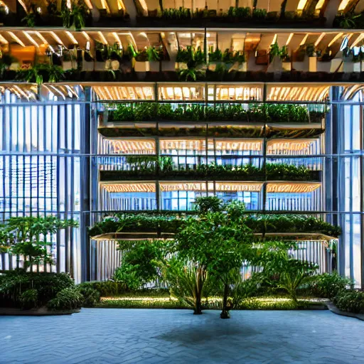 Prompt: The atrium of a refurbished contemporary building filled with tropical plants, project by Kengo Kuma, blue hour, 4k