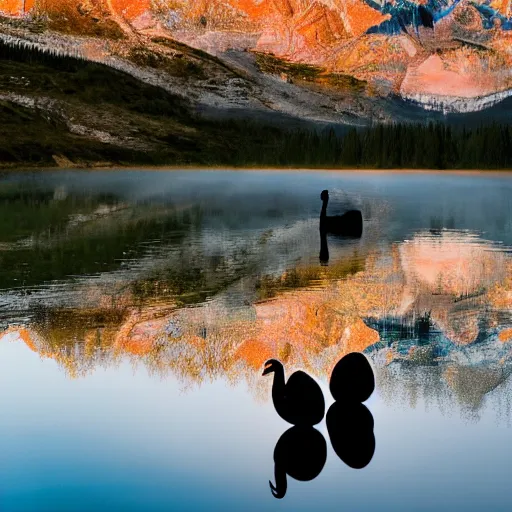 Image similar to photo of two black swans touching heads in a beautiful reflective mountain lake, a colorful hot air balloon is flying above reflecting off water, hot air balloon, intricate, 8k highly professionally detailed, centered, HDR, CGsociety