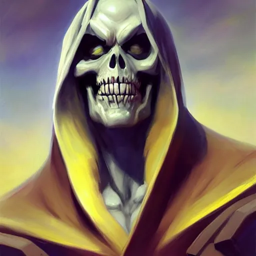 Image similar to greg manchess portrait painting of powerful skeletor the master of the universe as overwatch character, medium shot, asymmetrical, profile picture, organic painting, sunny day, matte painting, bold shapes, hard edges, street art, trending on artstation, by huang guangjian, gil elvgren, ruan jia, greg rutkowski, gaston bussiere