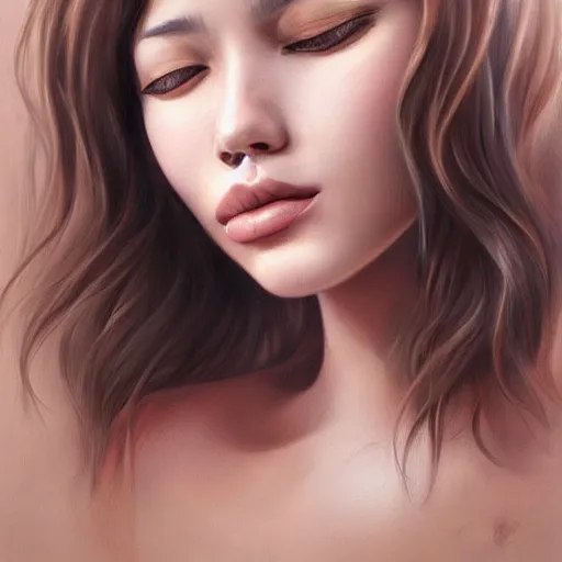 Prompt: a mouth a bit open, two eyes half closed, half a smile on her soul, a beautiful portrait on the wall. by artgerm and Rich Pritch
