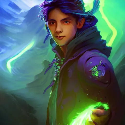 Prompt: a stylized portrait of a young boy with wavy brown hair and green eyes as an evil warlord, stylized, arcane magic, blue and purple vapor, neon color, vivid color, lens flare, volumetric light from below, background by justin gerard, hyperdetailed concept art by Ross Tran and Greg Rutkowski, high quality DnD illustration, trending on ArtStationHQ, 8k