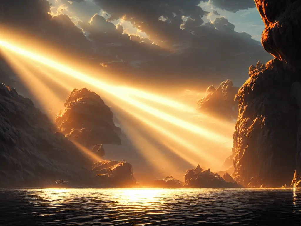 Image similar to god rays reflecting in the sea, dramatic lighting, cinematic, establishing shot, high detail, cinematic lighting, post processed, 8k, concept art, artstation, matte painting, in the style of eddie mendoza, raphael lacoste, alex ross