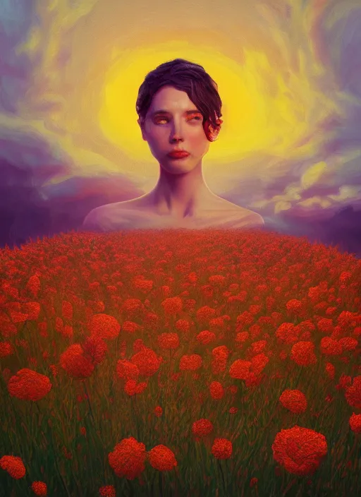 Image similar to portrait of a woman, face made of giant carnation, flower field, surreal photography, sunset dramatic light, impressionist painting, colorful clouds, large sky, digital painting, artstation, simon stalenhag