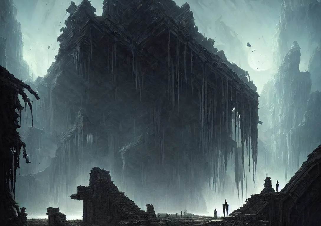 Image similar to lost traveller is exploring lost ruins, close - up on the traveller, there are ruins of ancient civilization!!!, ultra high definition, ultra detailed, symmetry, sci - fi, dark fantasy, in style of heavy metal comic, dark and horror style, metal by greg rutkowski and ross tran