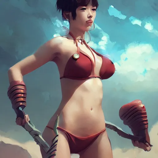 Image similar to kodak portra. by wlop, ilya kuvshinov, krenz cushart, greg rutkowski, trending on pixiv. zbrush sculpt, octane, maya, houdini, vfx. cute amazon woman wearing bikini armor. digital painting. cinematic dramatic atmosphere, sharp focus, volumetric lighting.