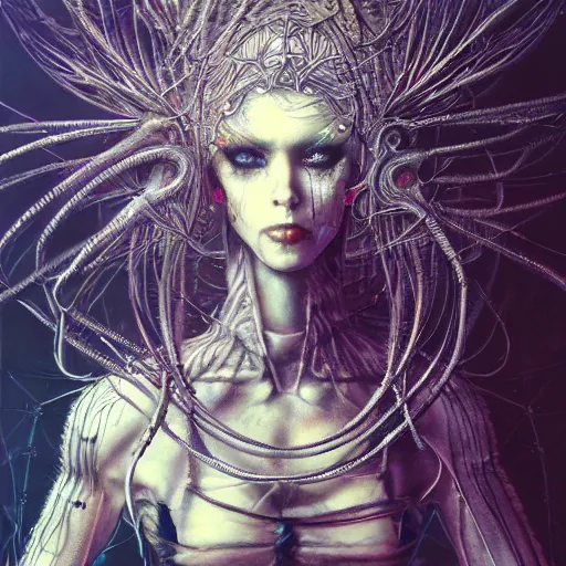 Image similar to a highly detailed long shot photo of cybergoth female character by ayami kojima, beksinski, giger, intricate, digital painting, artstation, intricate, concept art, smooth, sharp focus, illustration