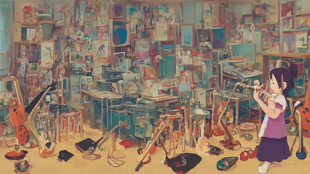 Prompt: studio ghibli, one little girl playing saxophone in the middle of an untidy room full of music instruments everywhere on the floor, guitars, drums, saxophones, sousaphones, standing microphones, bongos, congas, pianos,, digital art, studio ghibli, trending on artstation, colours, intricate details