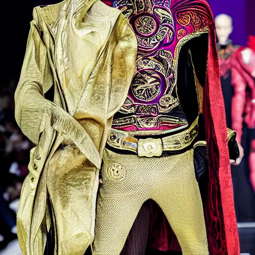 Prompt: Fashion Week, Fashion photography shoot, elaborate elegant wealthy fabrics and materials, intricate tech patterns Dr. Strange modeling for Versace, men's fashion, marvel costumes, thick features with embroidered super hero fabric, metallic buttons