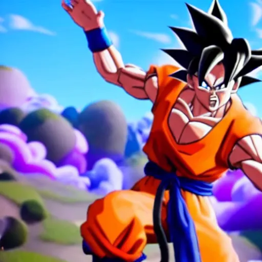 Prompt: a game still of goku in fortnite, in - game shot