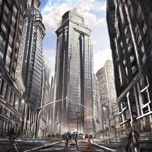 Image similar to an epic digital painting of an intimidating giant, very tall, stunning buildings, long shot angle