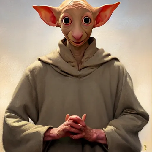 Image similar to greg manchess portrait of happy dobby the house elf cheering, organic painting, sunny day, matte painting, bold shapes, hard edges, street art, trending on artstation, by huang guangjian, gil elvgren, ruan jia, randy vargas, greg rutkowski