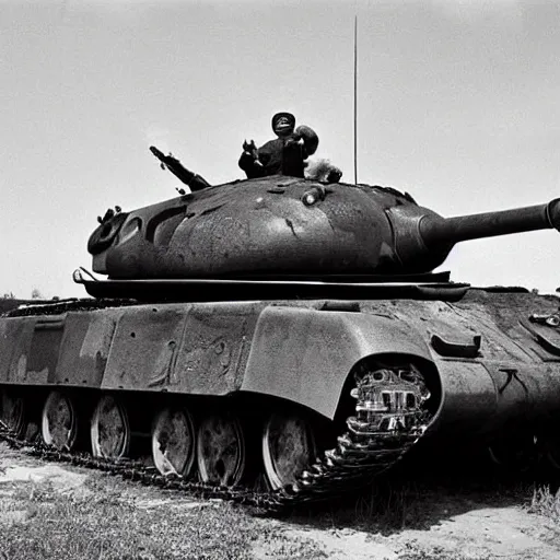 Image similar to historical photograph of a soviet t - 3 4 - 8 5 tank, taken in 1 9 5 0, black and white, soldiers smiling